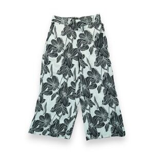 NWT Tahari 100% Linen Black White Wide Leg Floral Pants Women Size Large Pull On